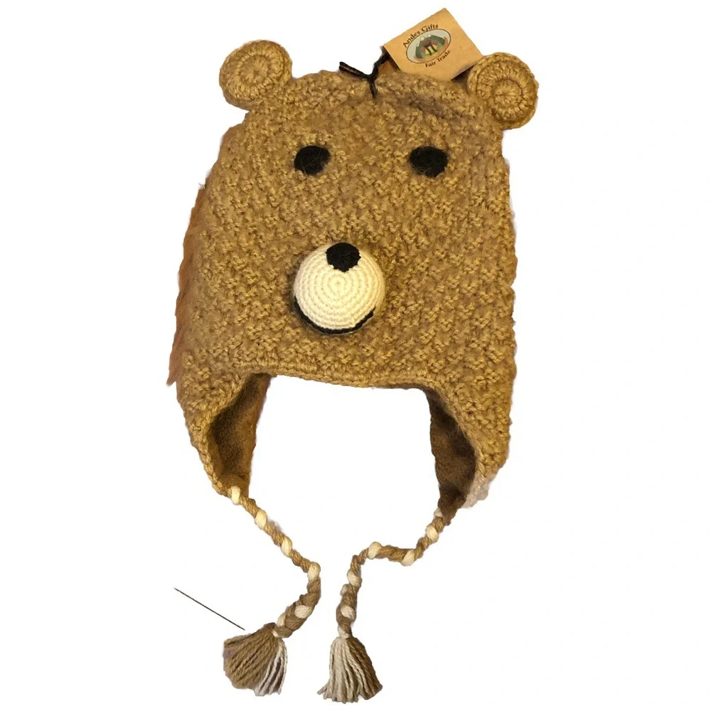 Andes Fair Trade Beanie Hat Brown Teddy Bear Tassles Alpaca Blend Kids Adult S
